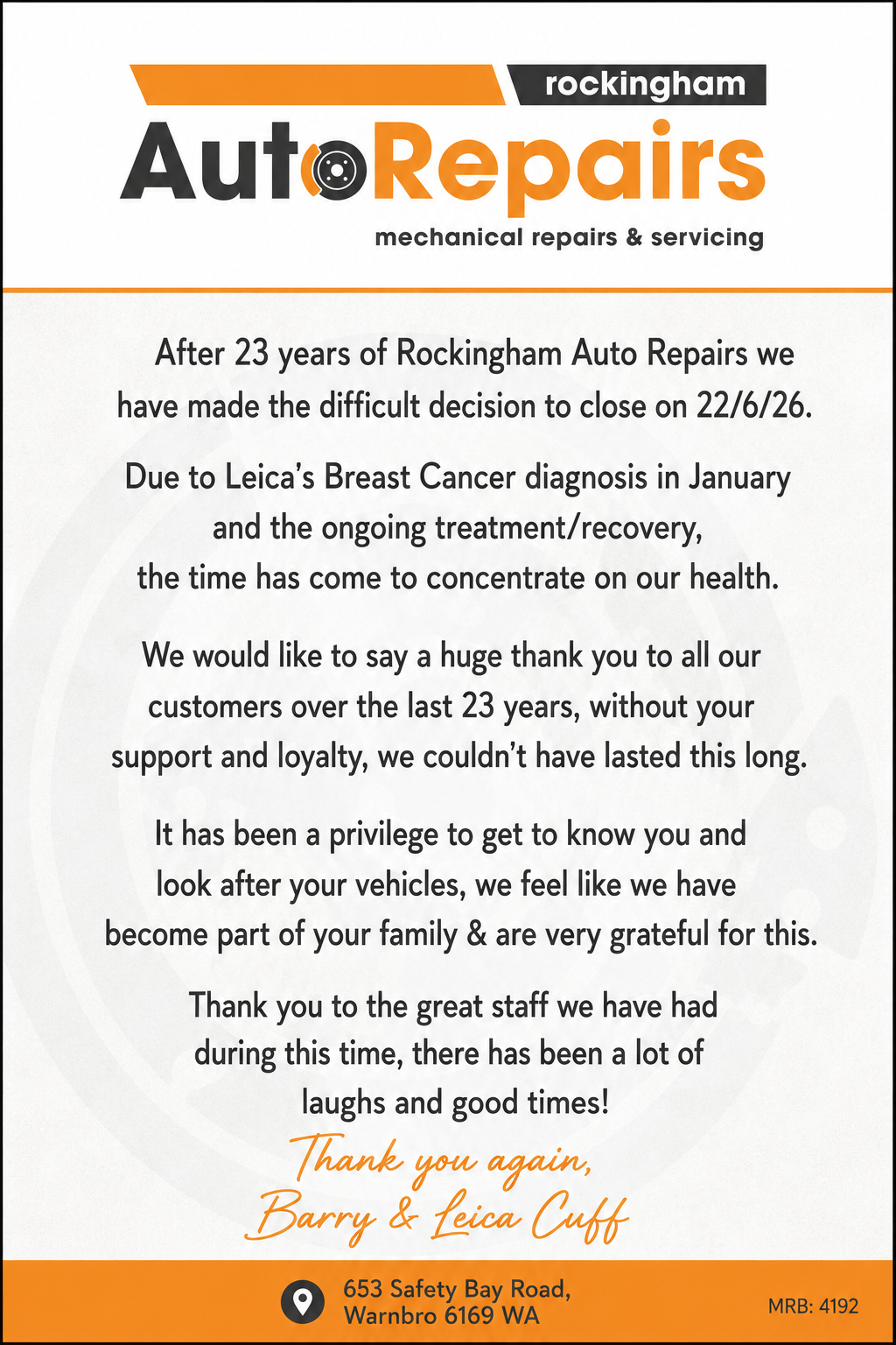 Rockingham Auto Repairs Closure Notice
